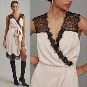 BY ANTHROPOLOGIE Sleeveless V-Neck Lace Wrap Midi Dress Blush Pink Black XS NEW